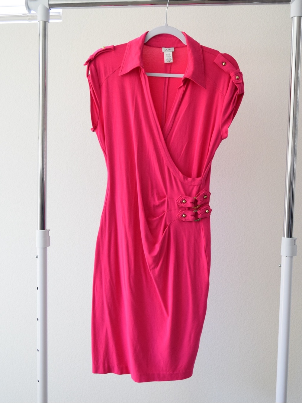 Cache Large Pink Wrap Dress Collared Cap Sleeve Studded Statement Colorful USA